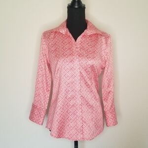 Talbots 100% polished cotton block print Coral button-front blouse 6